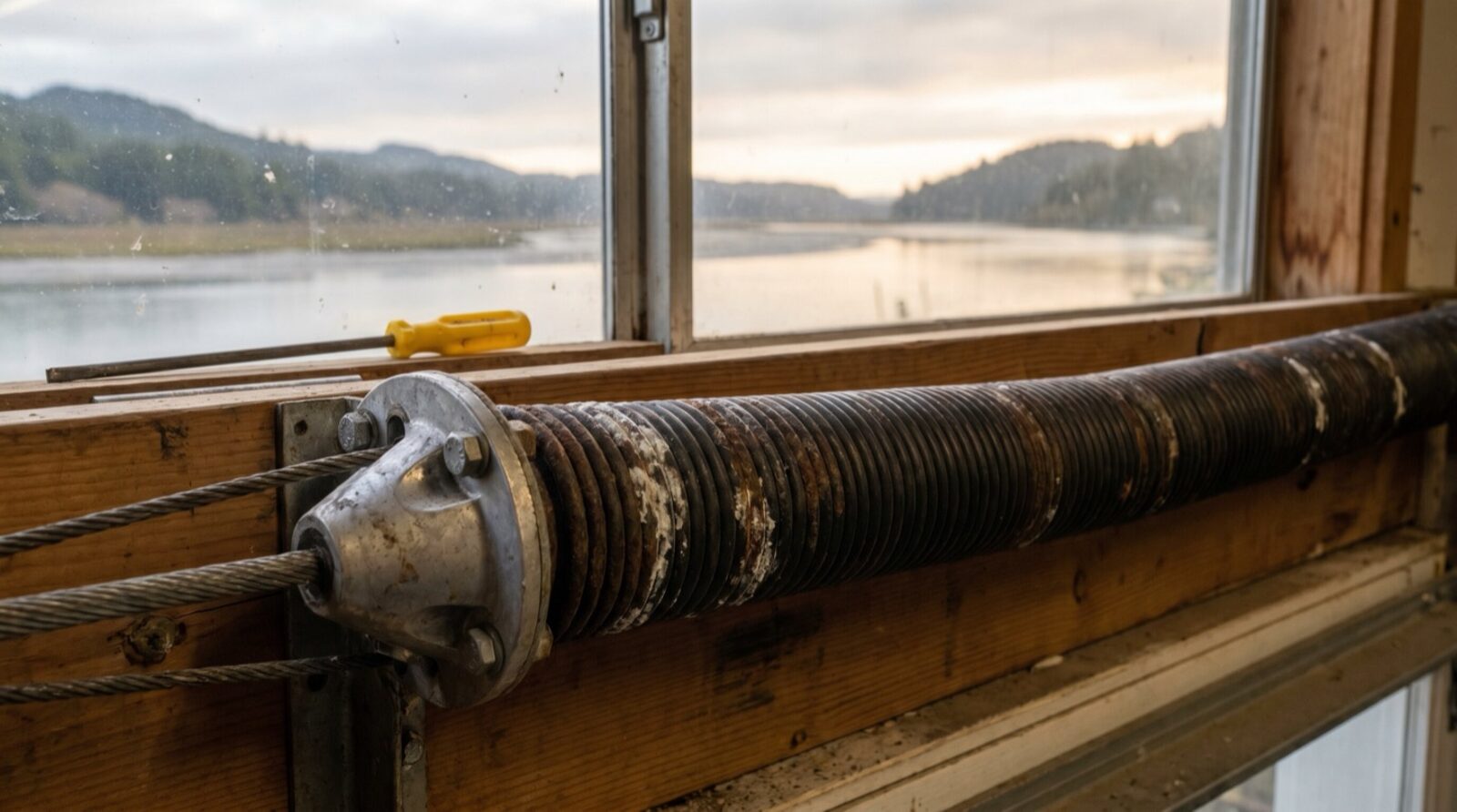 A garage-door torsion spring and cables showing surface corrosion from coastal air