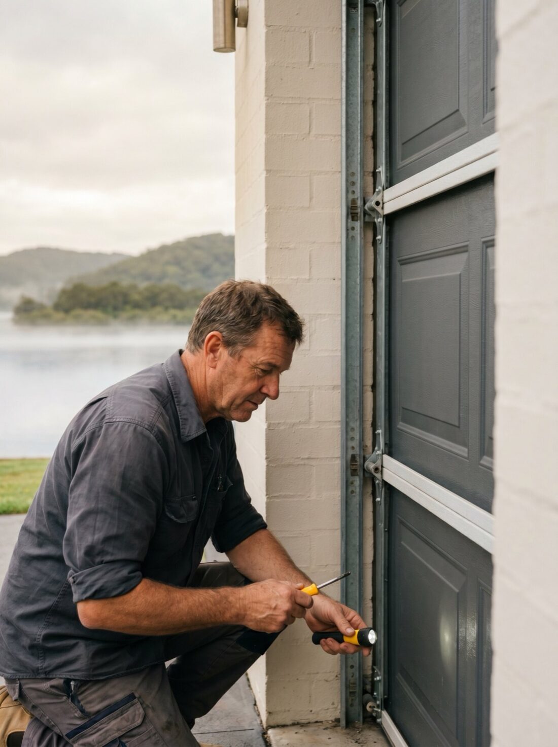A technician checking a garage-door opener and track at a Gosford home